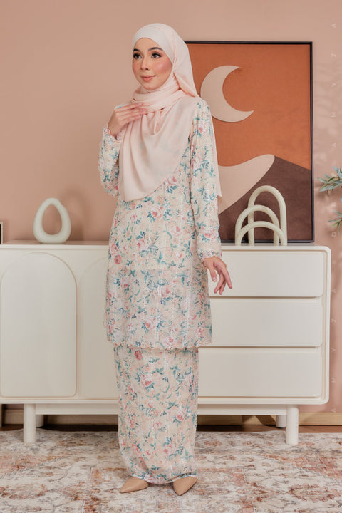Azra Embroidered Printed Chiffon with Sulam Border Modern Kurung
