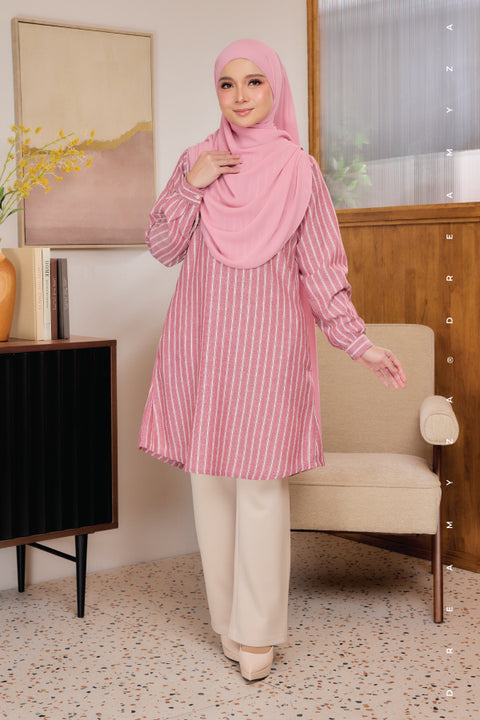 Liana ironless Cotton Linen Stripe Tunic Long Top