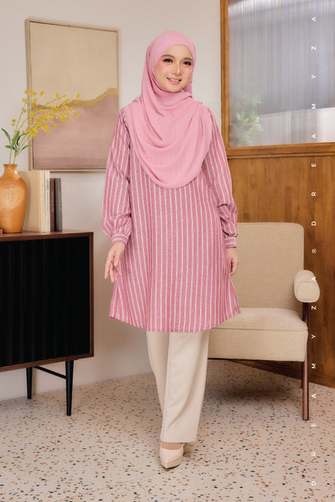 Liana ironless Cotton Linen Stripe Tunic Long Top