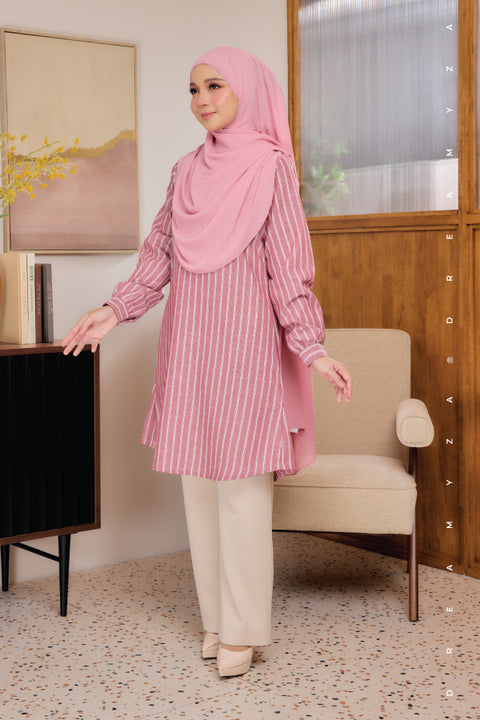 Liana ironless Cotton Linen Stripe Tunic Long Top