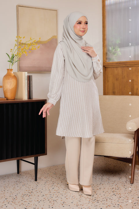 Liana ironless Cotton Linen Stripe Tunic Long Top
