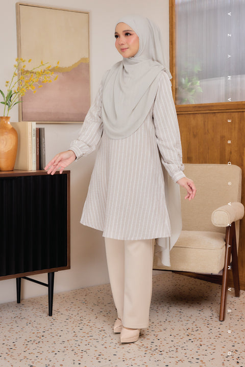 Liana ironless Cotton Linen Stripe Tunic Long Top