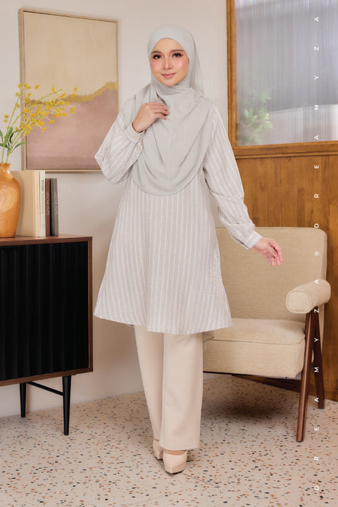 Liana ironless Cotton Linen Stripe Tunic Long Top