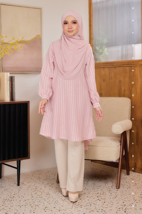 Liana ironless Cotton Linen Stripe Tunic Long Top