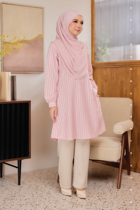 Liana ironless Cotton Linen Stripe Tunic Long Top