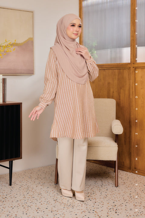 Liana ironless Cotton Linen Stripe Tunic Long Top