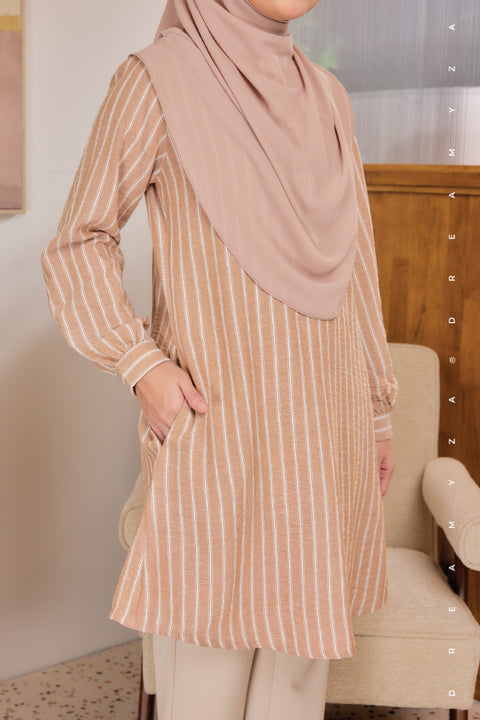 Liana ironless Cotton Linen Stripe Tunic Long Top
