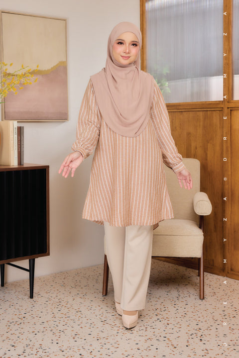 Liana ironless Cotton Linen Stripe Tunic Long Top