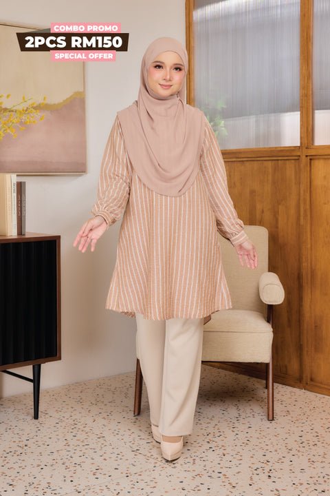 Liana ironless Cotton Linen Stripe Tunic Long Top