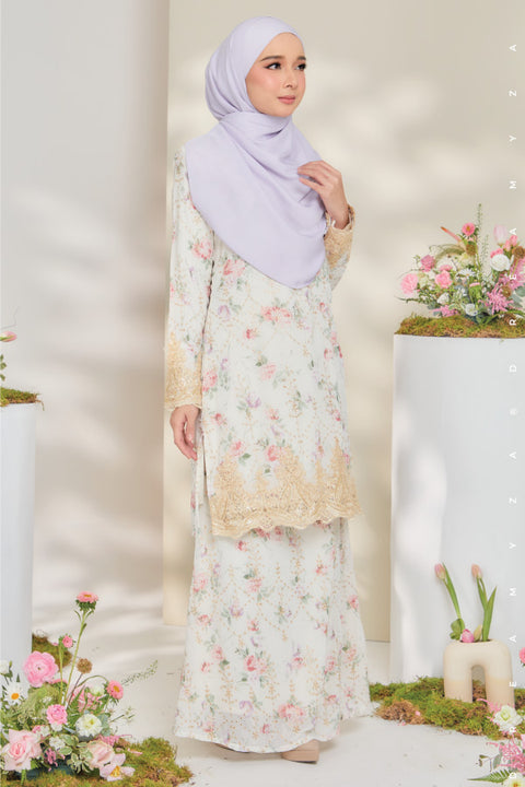 Rossa Embroidered Printed Chiffon with Border Lace Modern Kurung.