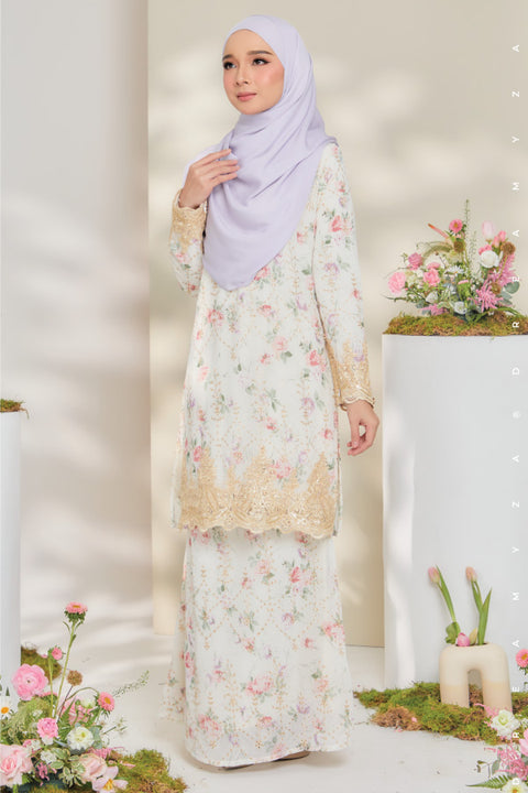 Rossa Embroidered Printed Chiffon with Border Lace Modern Kurung.