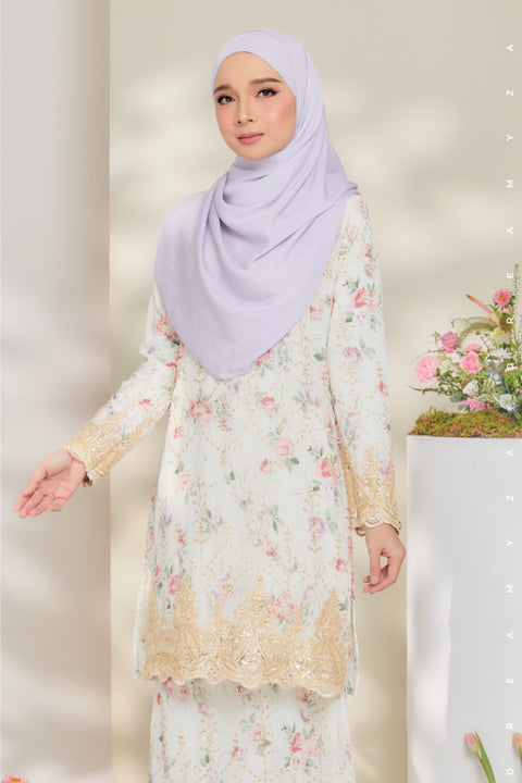 Rossa Embroidered Printed Chiffon with Border Lace Modern Kurung.