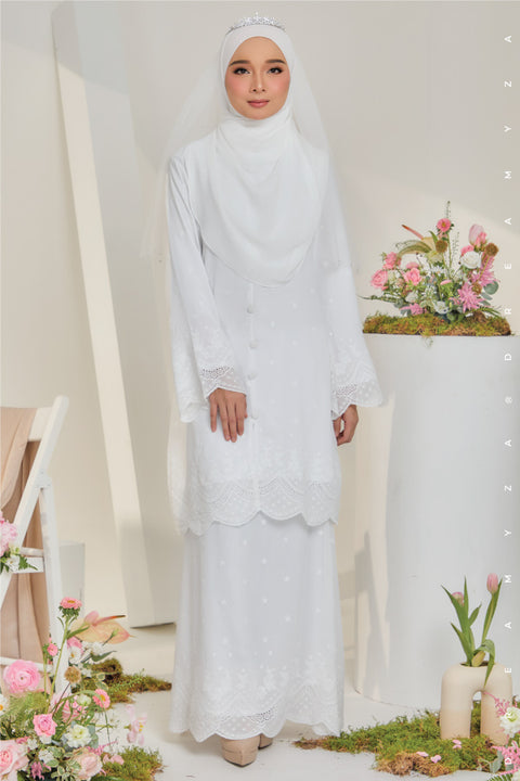 Widuri Embroidered Sulam Chiffon Brides Baju Kurung Akad Nikah Tunang in Off White.