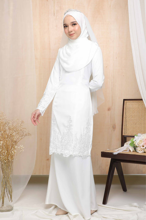 Baju Kurung Nikah White Deana Embroidered Border Lace Brides