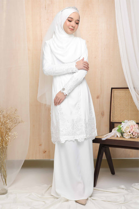 Baju Kurung Nikah White Deana Embroidered Border Lace Brides